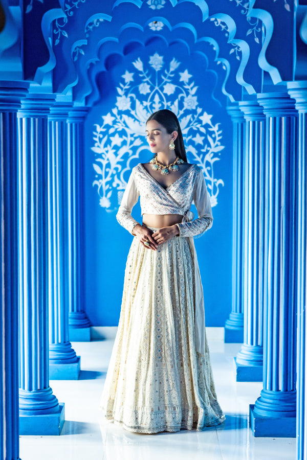 Ivory lucknowi lehenga with overlap blouse