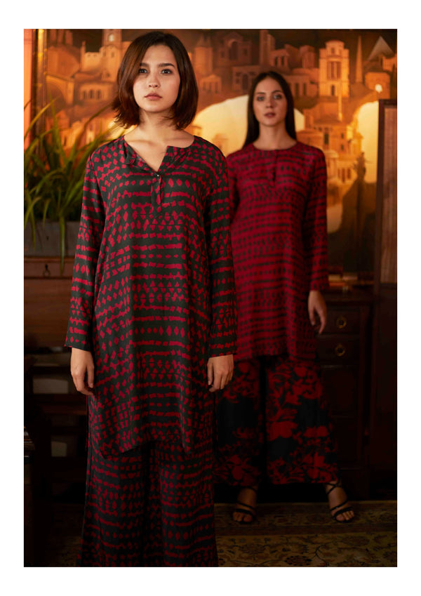 DARK GREEN AND PINK ABSTRACT KURTA