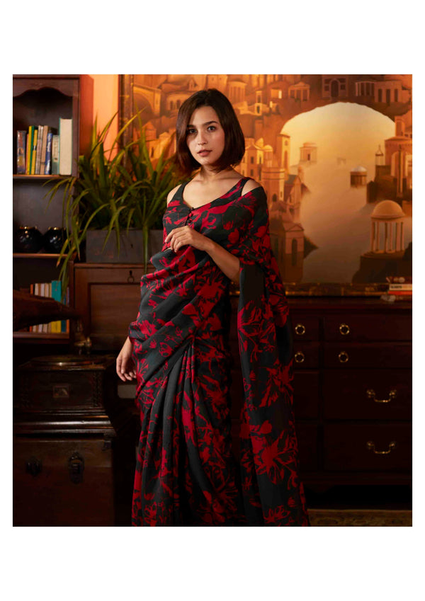 DARK GREEN AND RED FLORAL SAREE