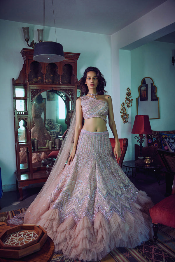 Reception Glam-Wear, Hand Embroidery, Tulle, Lehenga, Frills