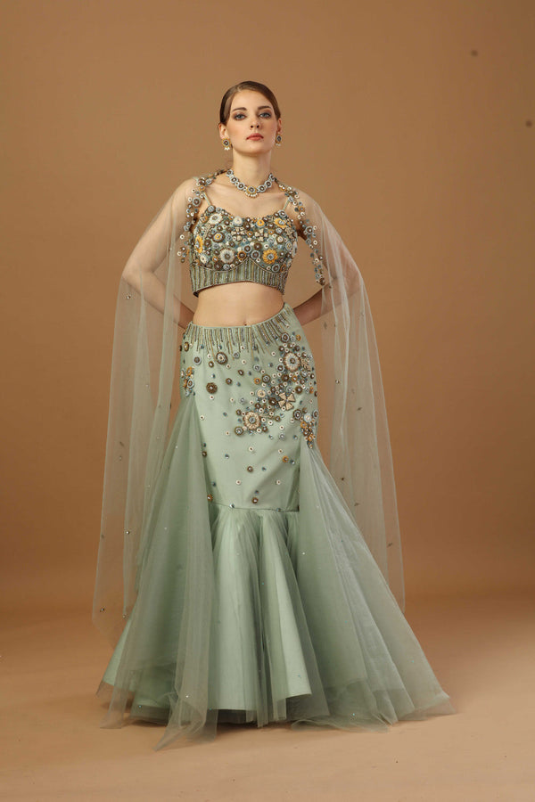 Fish Cut Lehenga With Strap Blouse And Dupatta