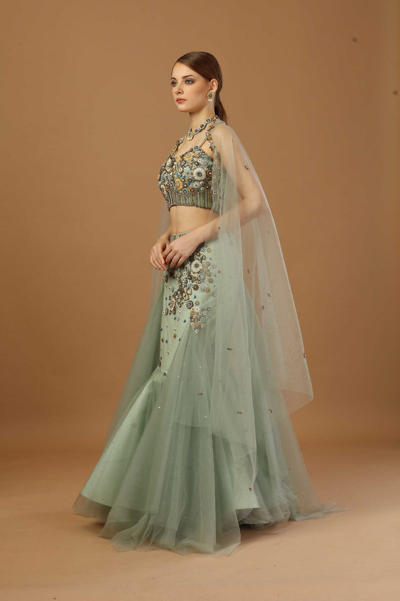 Fish Cut Lehenga With Strap Blouse And Dupatta