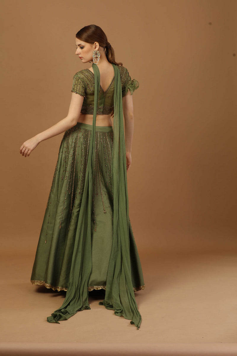 Blouse With One Sided Ruffle Sleeve ,Comes With Lehenga And A Narrow Neck Dupatta