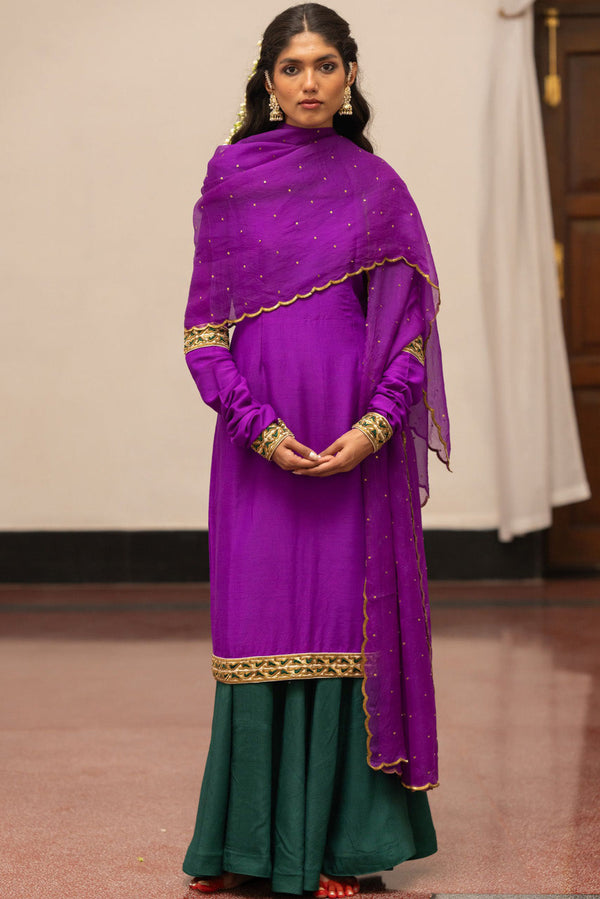 Violet And Bottle Green Kurta, Pants With Dupatta