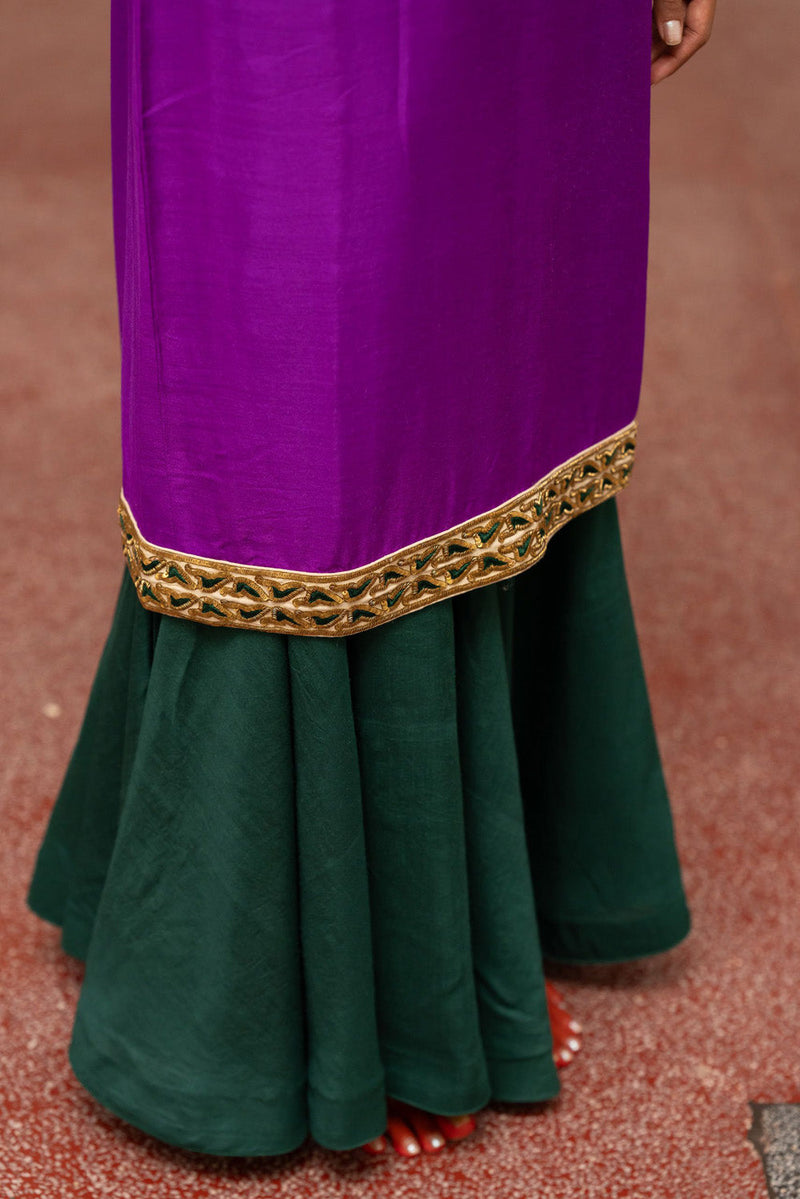 Violet And Bottle Green Kurta, Pants With Dupatta