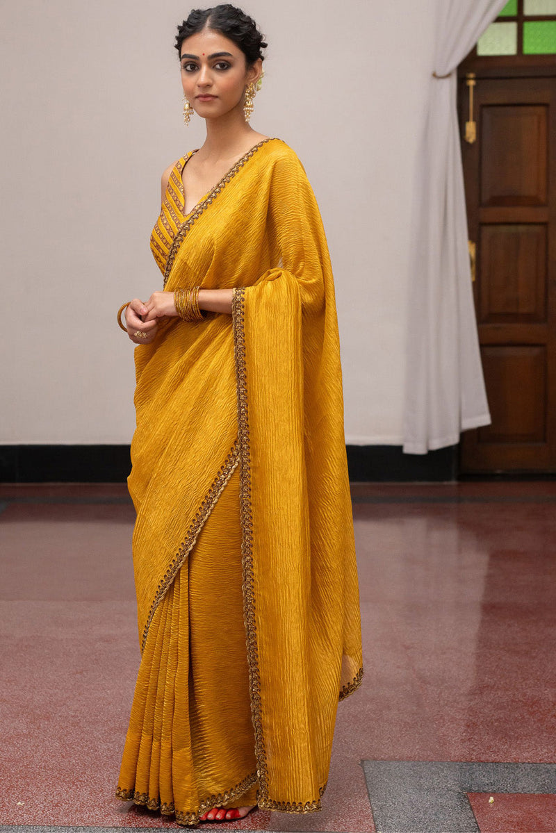 Gold Yellow Saree With Unstitched Blouse Piece