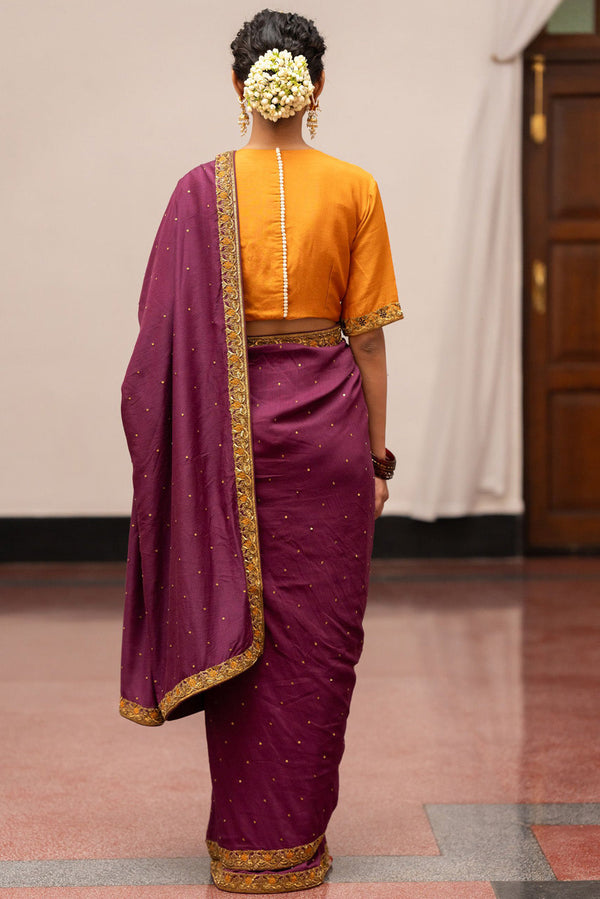 Burgandy, Ivory And Mustard Tissue Saree With Unstitched Blouse Piece