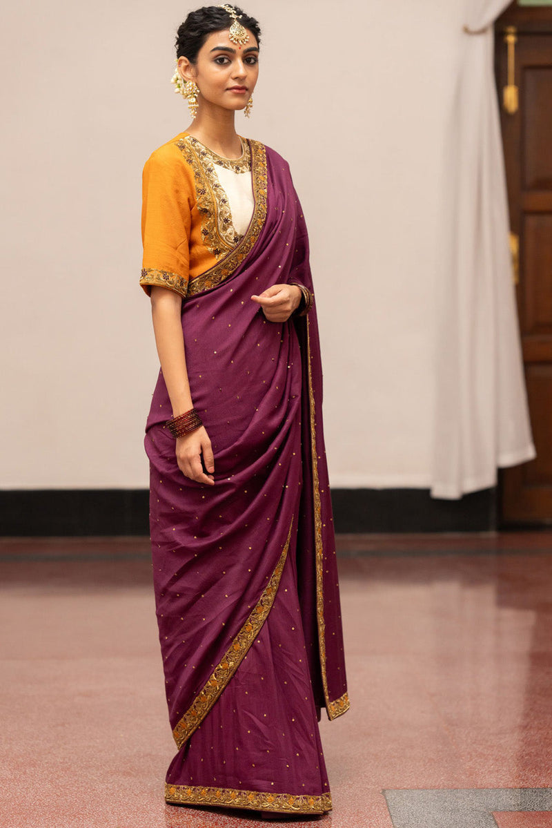 Burgandy, Ivory And Mustard Tissue Saree With Unstitched Blouse Piece