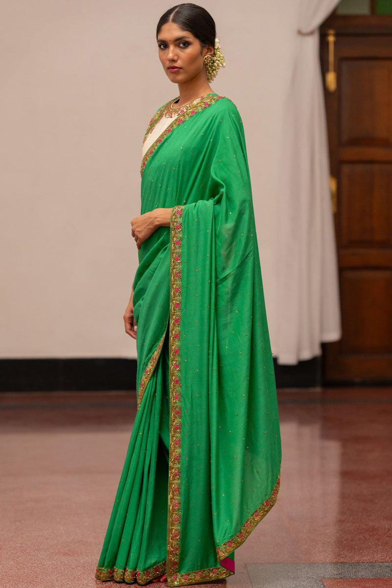 Emerald And Ivory Tissue Saree With Unstitched Blouse Piece