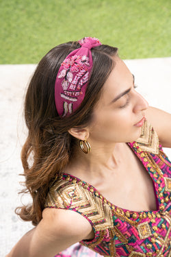 Bright Pink Headband With Embroidery