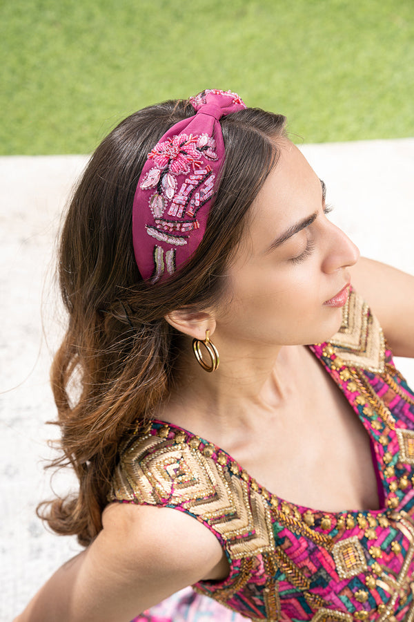 Bright Pink Headband With Embroidery