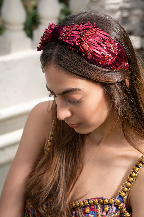 Deep Red Headband With Embroidery