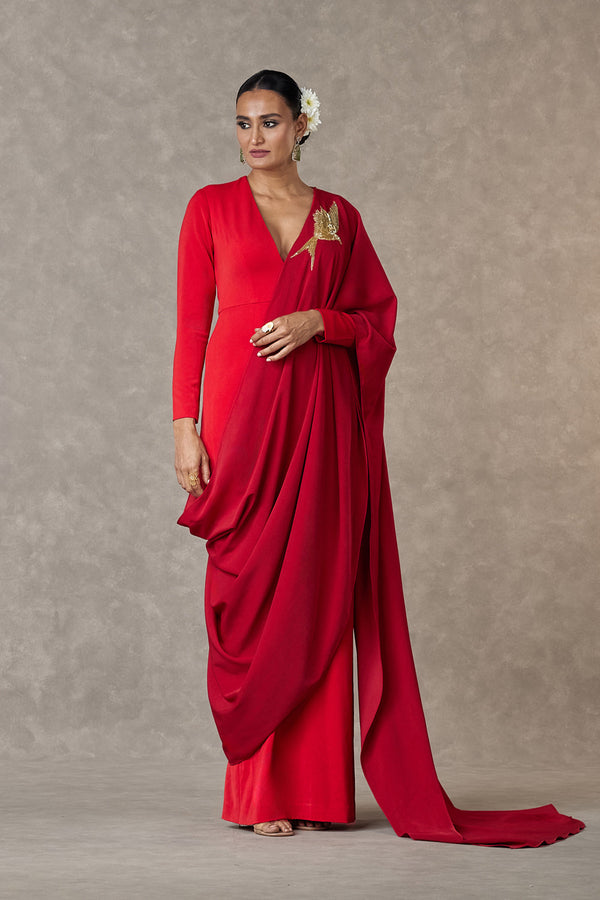 Mandira Wirk Red Off Shoulder Saree Gown | DateTheRamp
