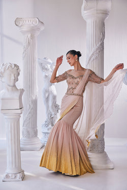 Draped Gown In Luxurious Shimmer Lycra With A Bodice In Bead And Sequin Detailing.