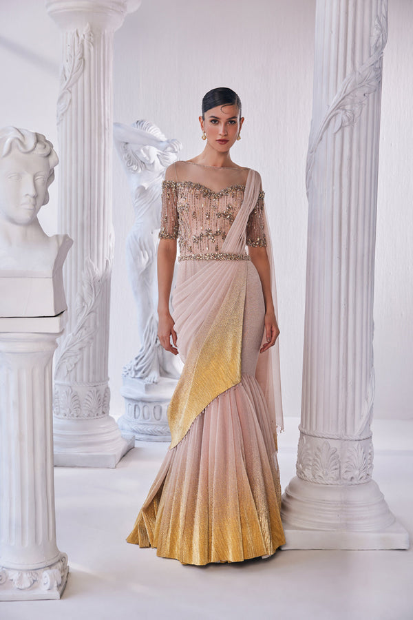 Draped Gown In Luxurious Shimmer Lycra With A Bodice In Bead And Sequin Detailing.