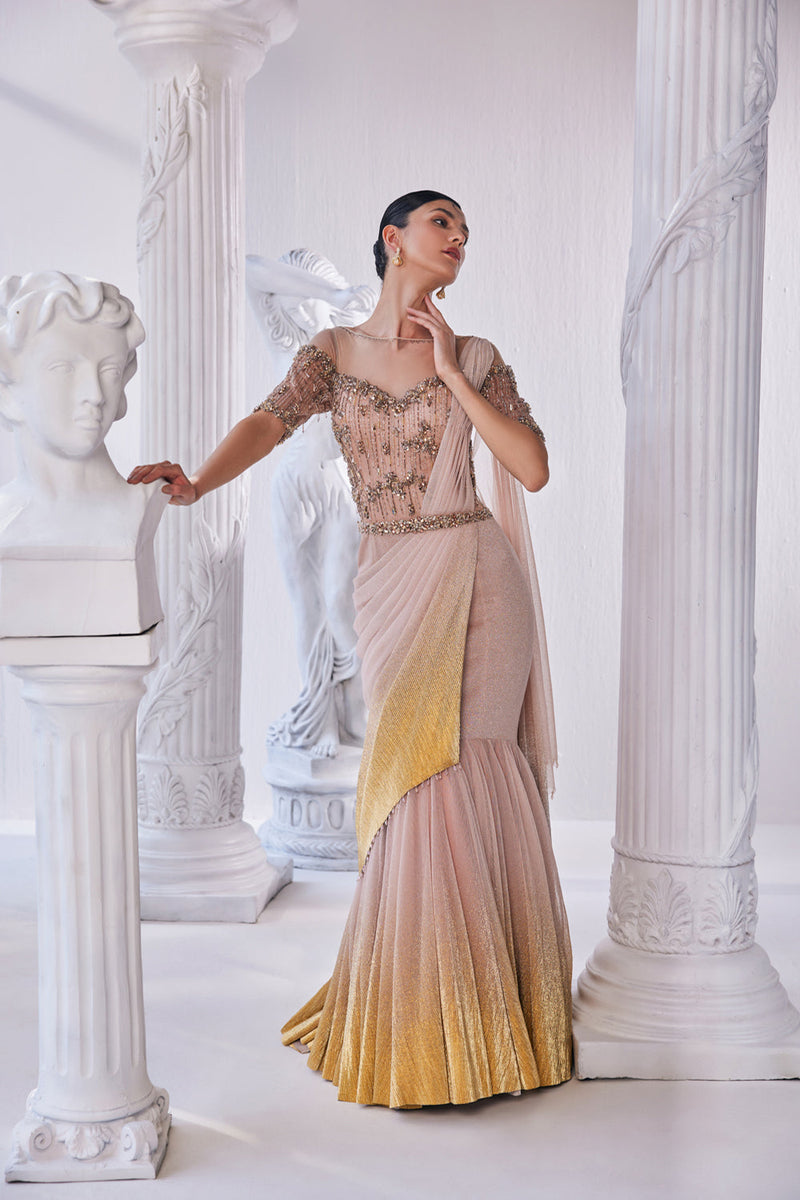 Draped Gown In Luxurious Shimmer Lycra With A Bodice In Bead And Sequin Detailing.