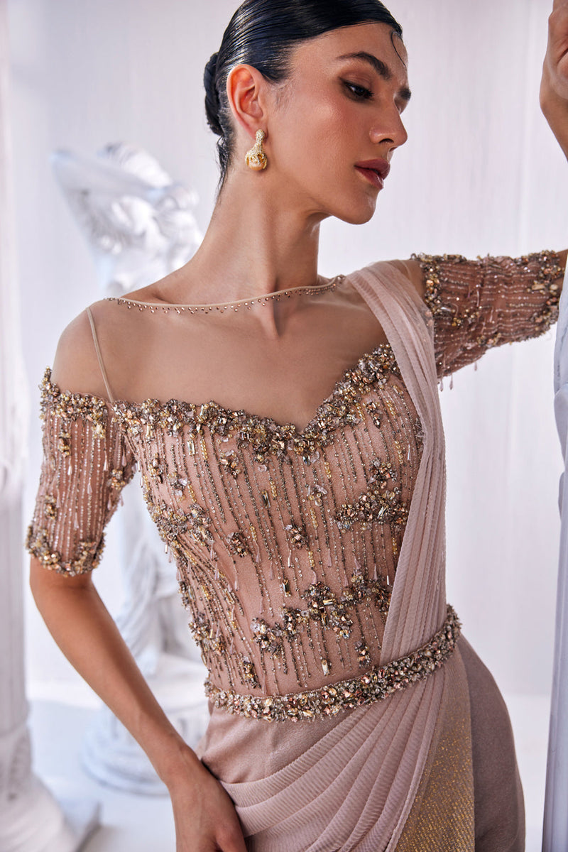 Draped Gown In Luxurious Shimmer Lycra With A Bodice In Bead And Sequin Detailing.