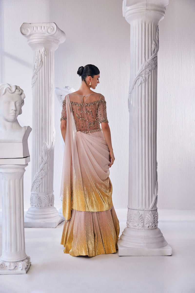 Draped Gown In Luxurious Shimmer Lycra With A Bodice In Bead And Sequin Detailing.
