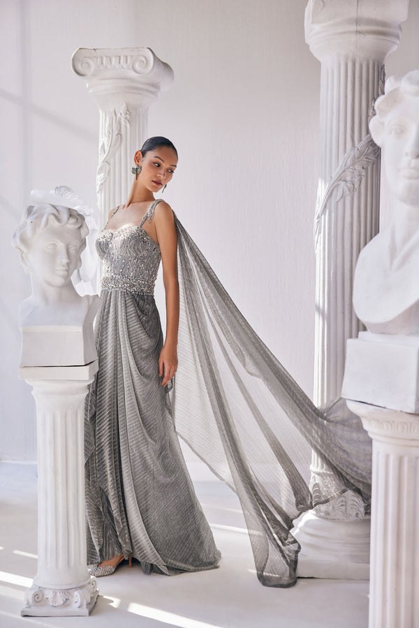 Ombre Draped Saree Gown In A Metallic Crinkle Fabric. It Is Constructed Witha Fitted Corset Bodice In Sequin And Beadwork.