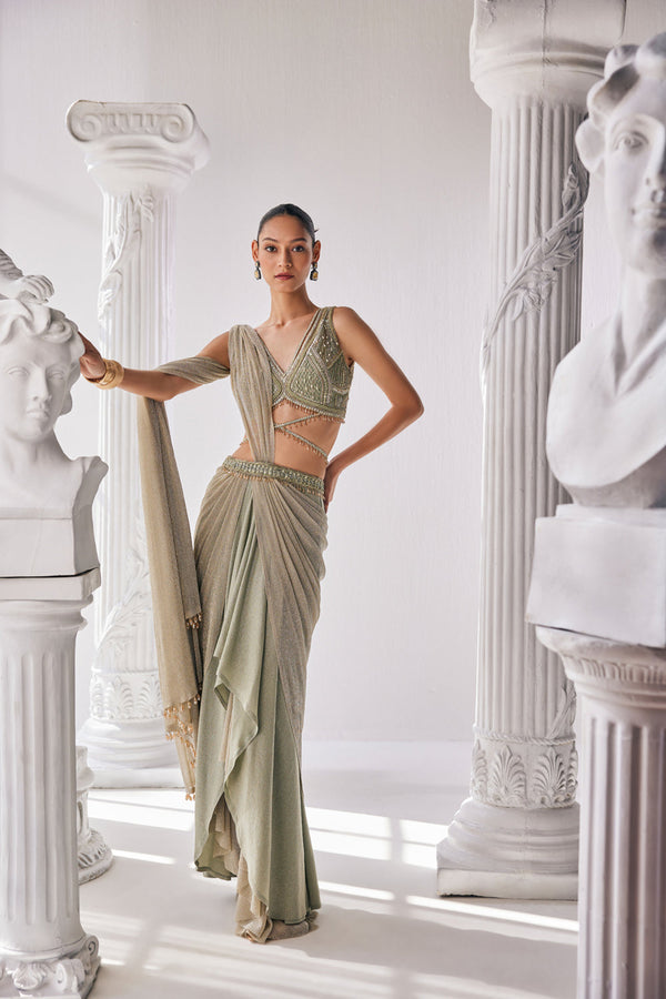 Jade Green Coloured Draped Saree In Lycra And Crinkle Fabric. It Features A Plunging Neck Blouse With Beadwork And Sequin Detailing.