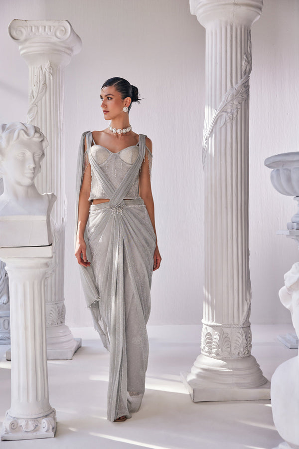 Silver Draped Saree Made With Crinkle Fabric Featuring A Corset Along With A Detailed Belt.