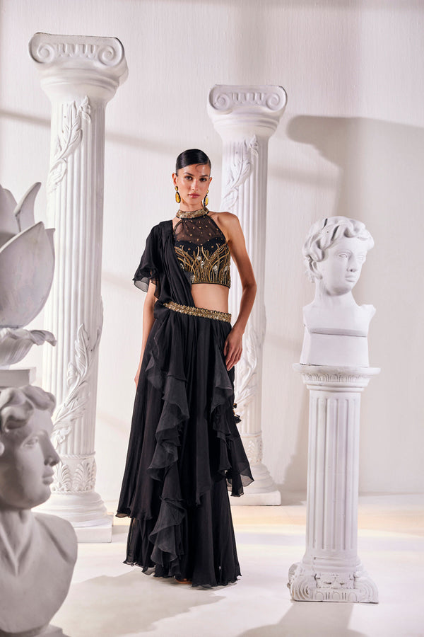Draped Saree In Chiffon Paired With An Embroidered Organza Blouse And A Belt.