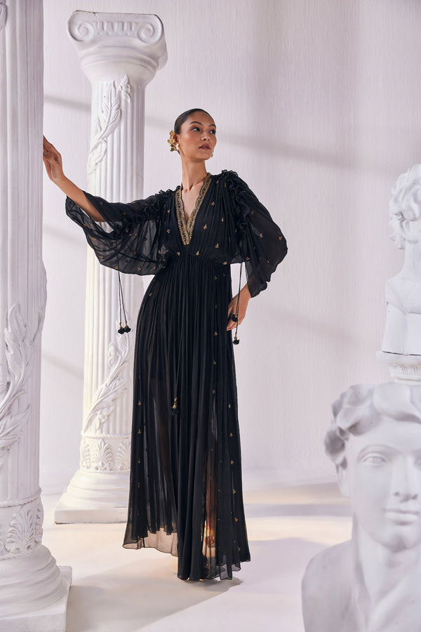 Chiffon Kaftan Dress Featuring An Emroidered Plunging Neckline.