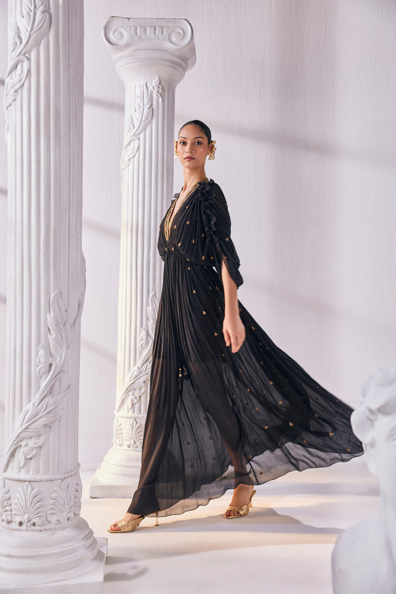 Chiffon Kaftan Dress Featuring An Emroidered Plunging Neckline.