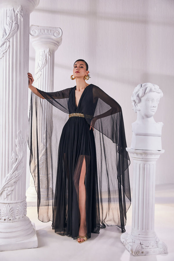 Black Chiffon Kaftan Dress Featuring An Emroidered Waistline.