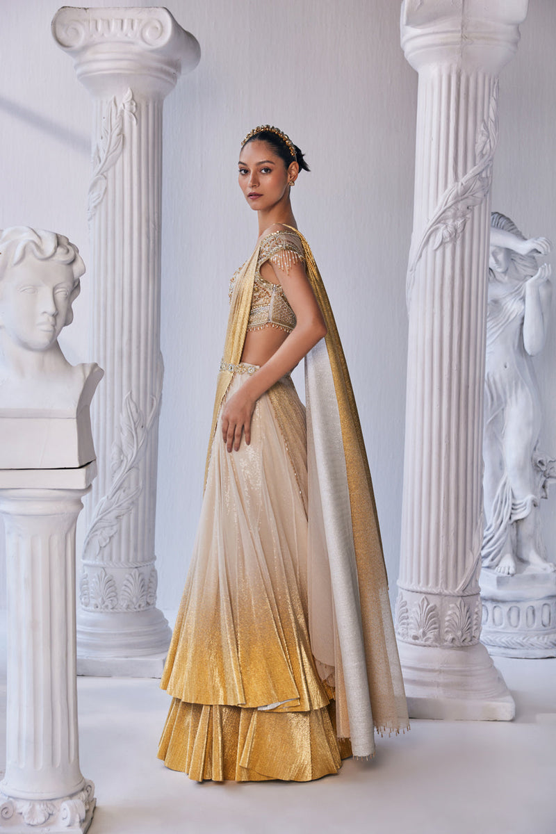 Draped Double Layer Lehenga In Pleated Gold Foil Lycra With An Emroideredwaistband Is Offset With A Corset.