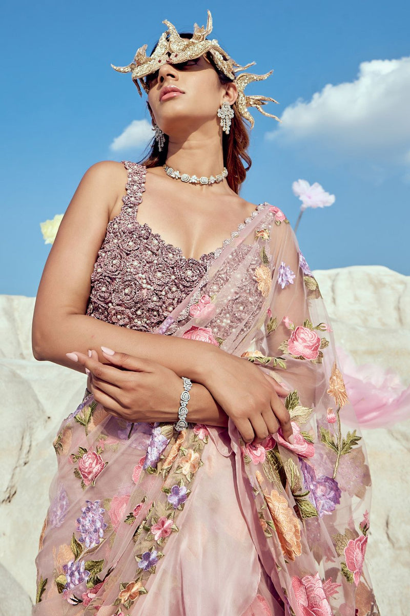 Embroidered Lilac Saree Set