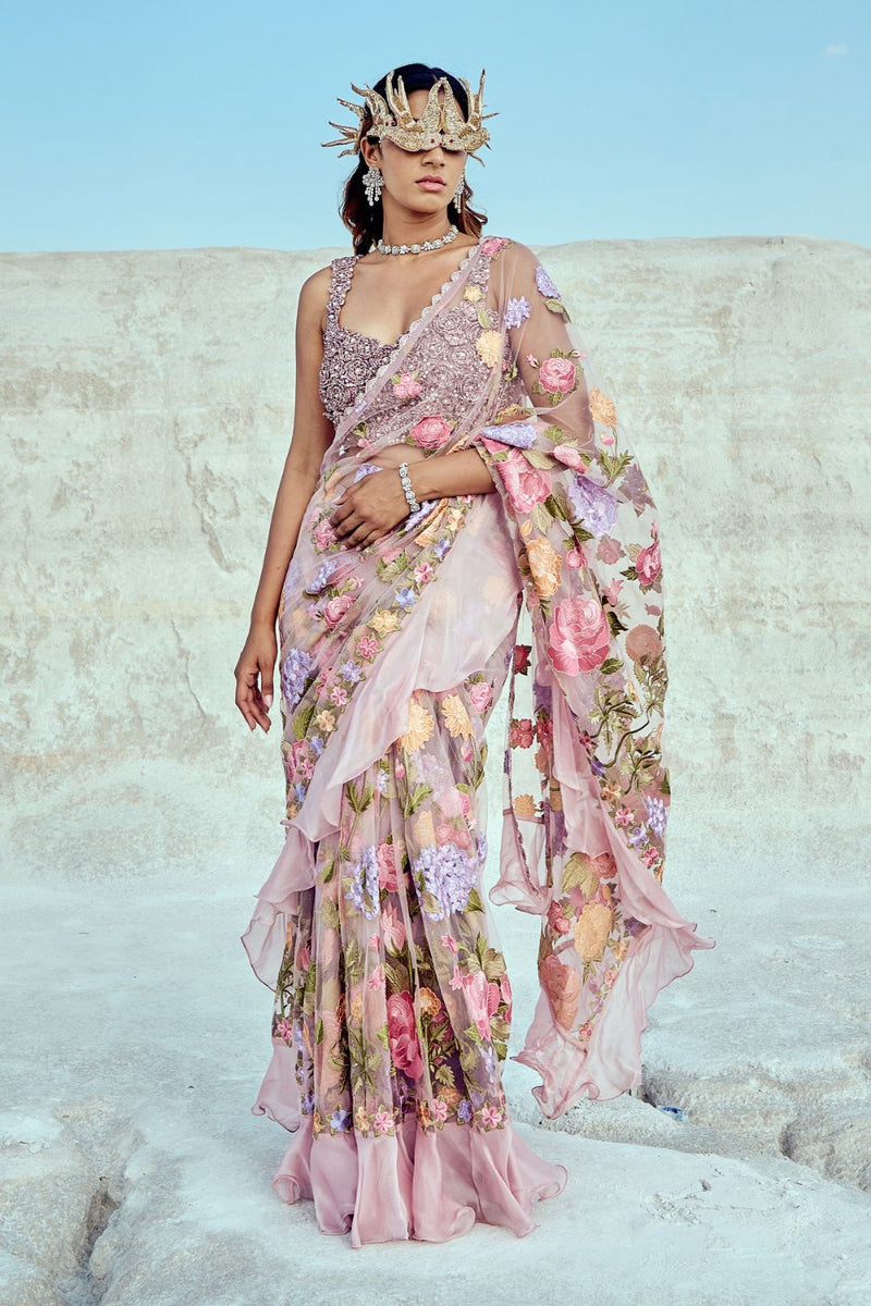 Embroidered Lilac Saree Set