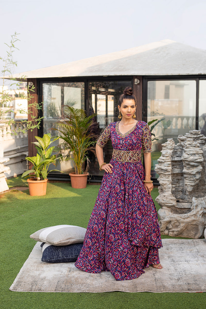 Blue Drape Gown with Embroidered Belt