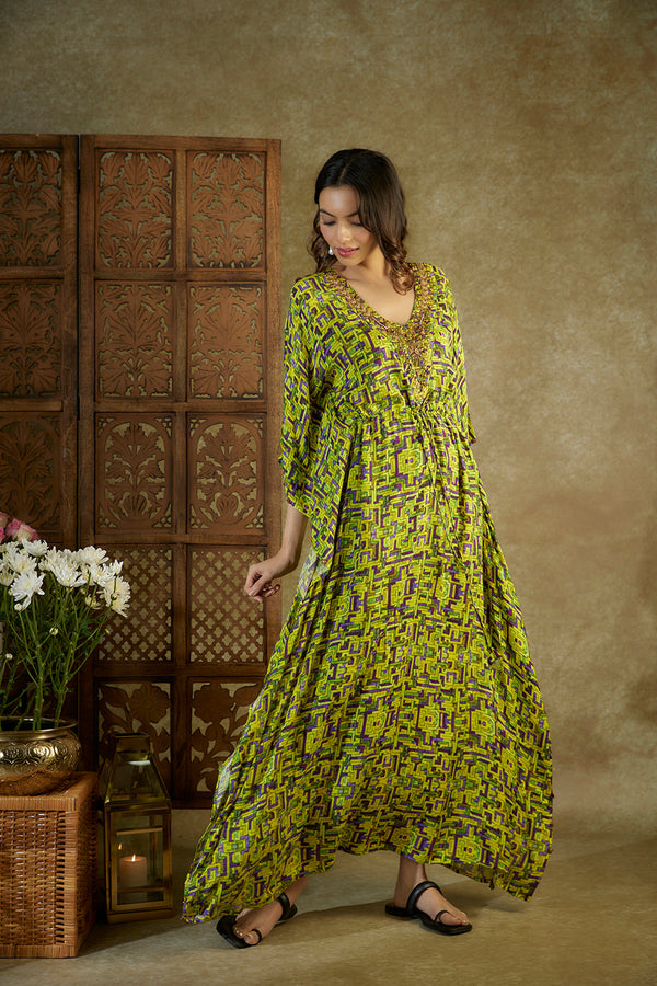Green Printed Kaftan With Embroidery