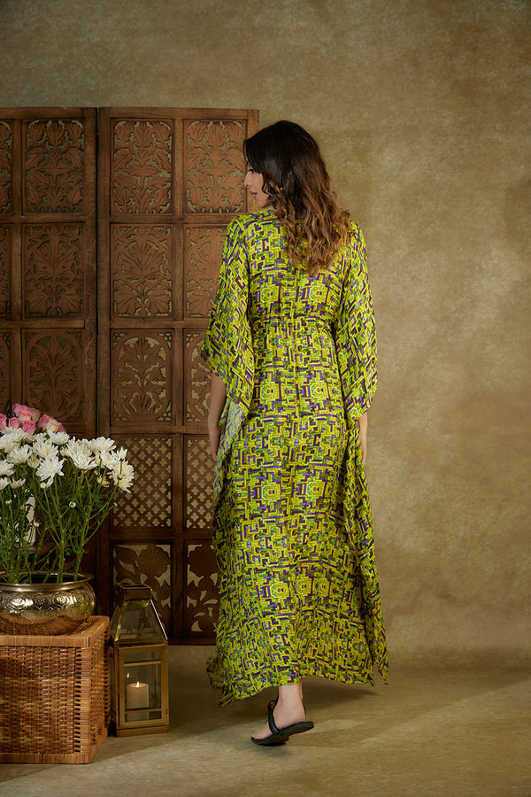 Green Printed Kaftan With Embroidery