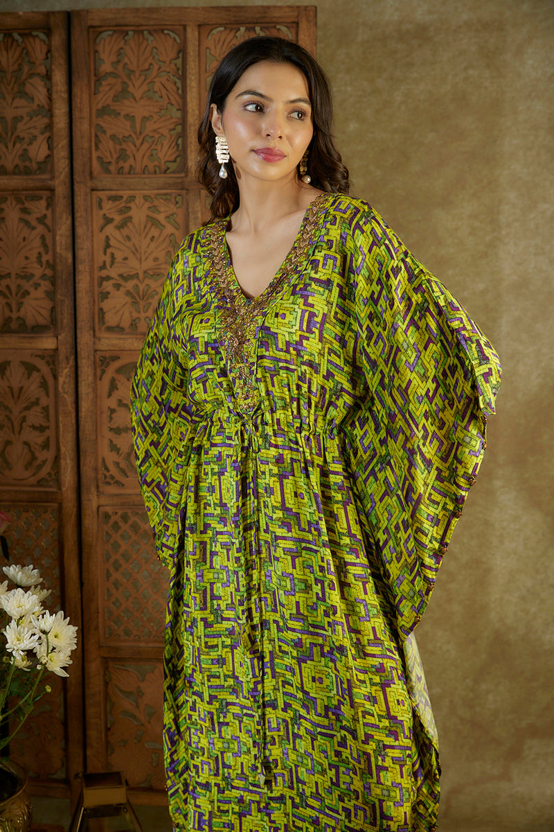 Green Printed Kaftan With Embroidery
