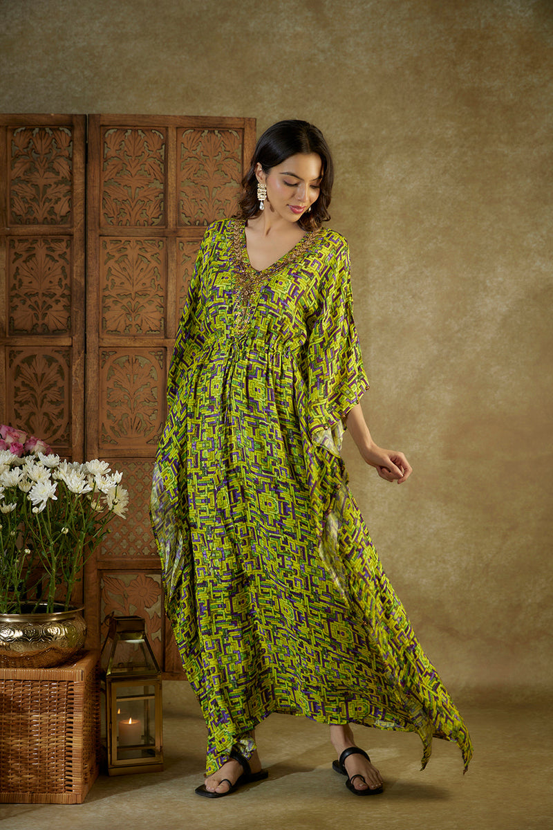 Green Printed Kaftan With Embroidery