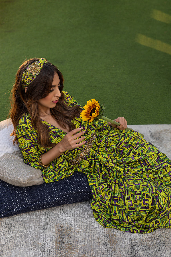 Green Draped Dress with Embroidered Belt