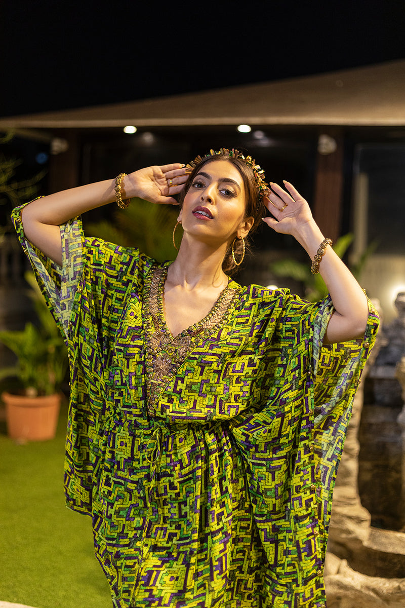 Green Embroidered Kaftan Top with Sharara Pants