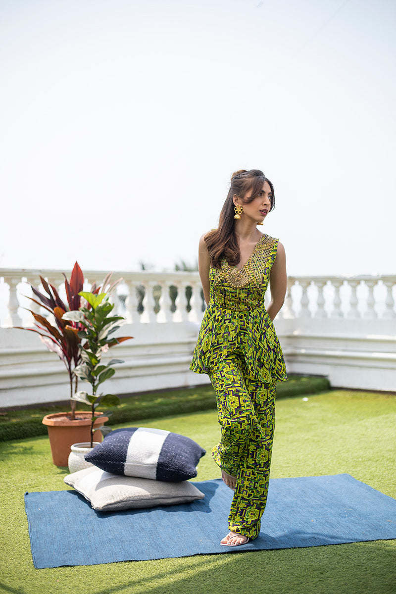 Green Embroidered Jumpsuit with Drape