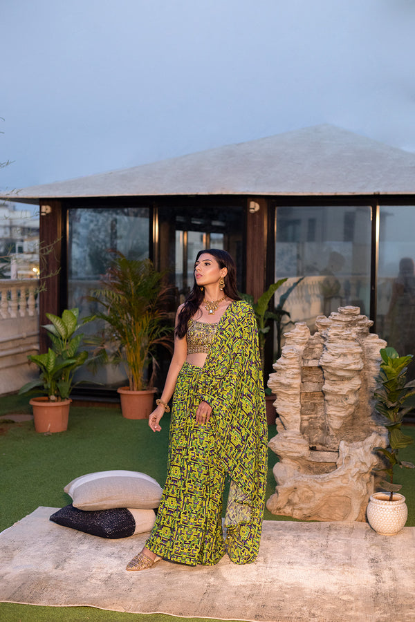 Green Embroidered Choli with Draped Sari