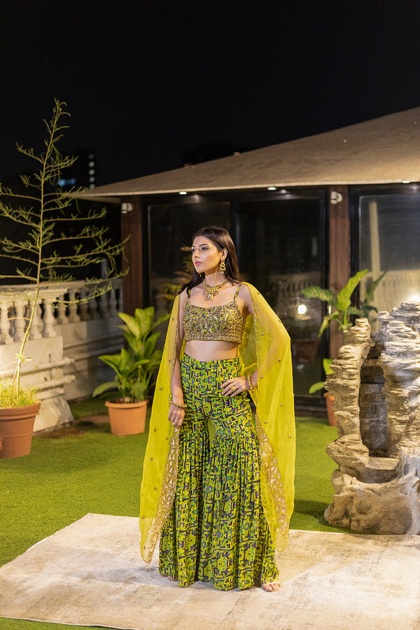 Green Embroidered Choli and Sharara with Organza Cape