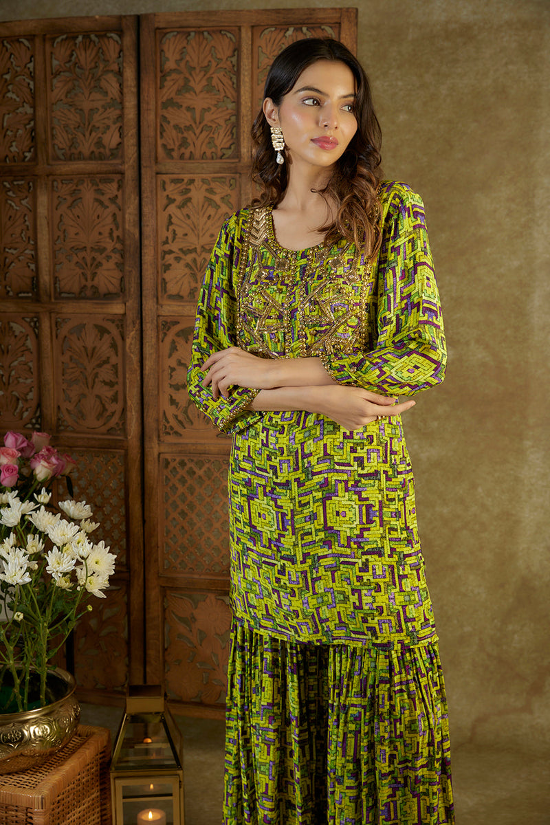 Pink Printed Embroidered Short Kurta And Sharara Set