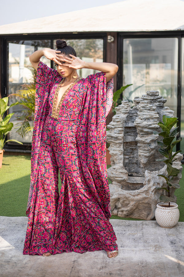 Pink Embroidered Kaftan Jumpsuit