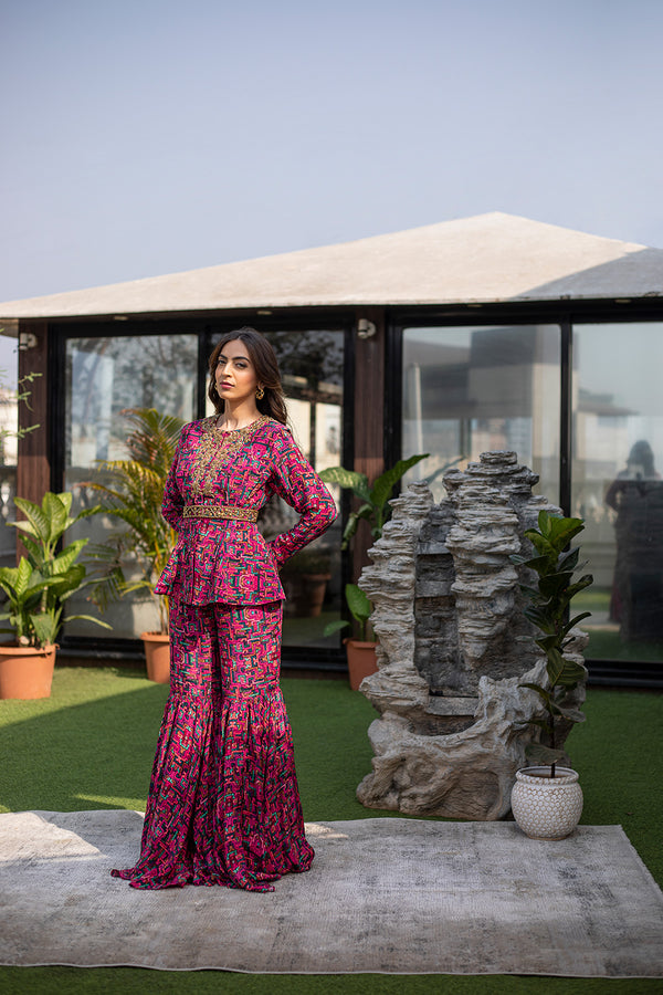 Pink Embroidered Peplum Top and Sharara Pants