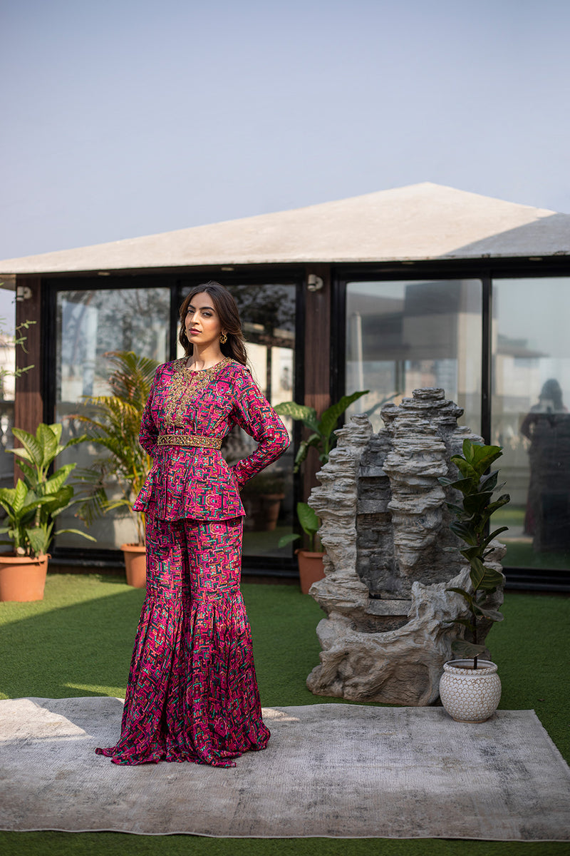 POWDER BLUE SINGLE TIERED SHARARA PANT SET WITH MULTI COLOURED THREADWORK  SOFT PEPLUM KURTA TOP AND MATCHING NECKLACE STYLE DUPATTA WITH “ABLA”  DETAILS. - Seasons India