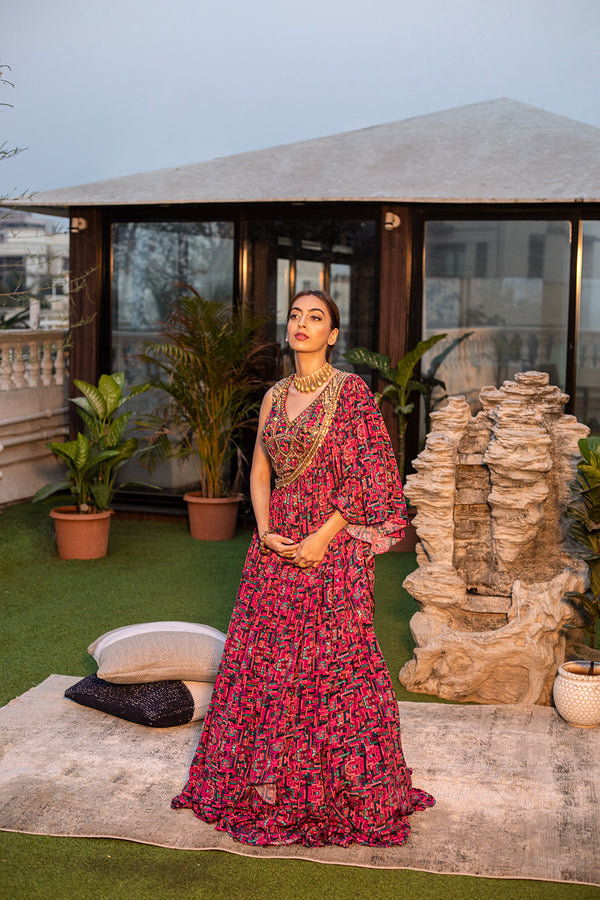 Pink Embroidered Choli, One-Shouldered Cape and Lehenga