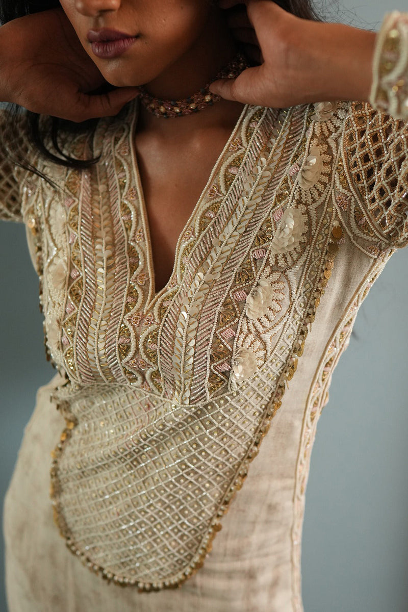Ivory Silk Foil Hand Embroidered Kaftan Dress