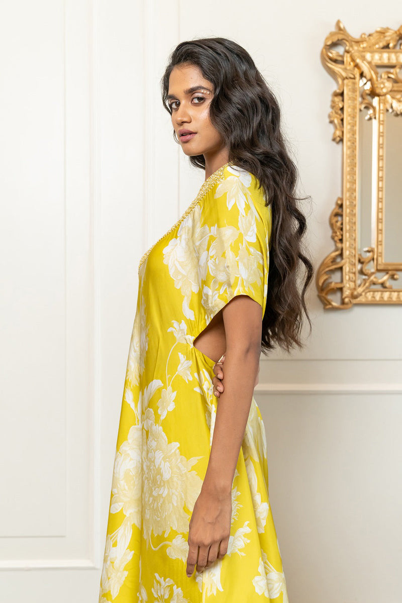 Yellow Cotton Satin Hand Embroidered Kaftan Set