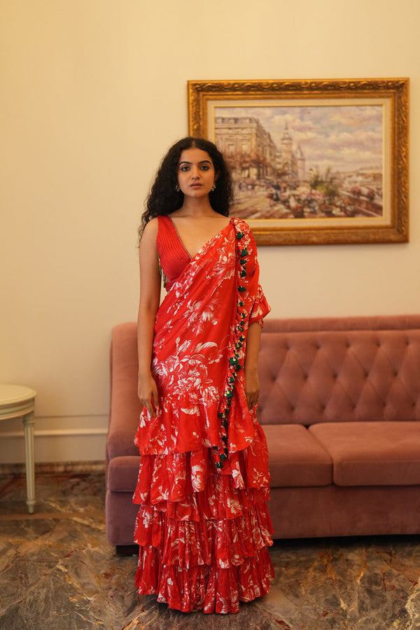 Red Cotton Satin Pre-Stitched Saree Set